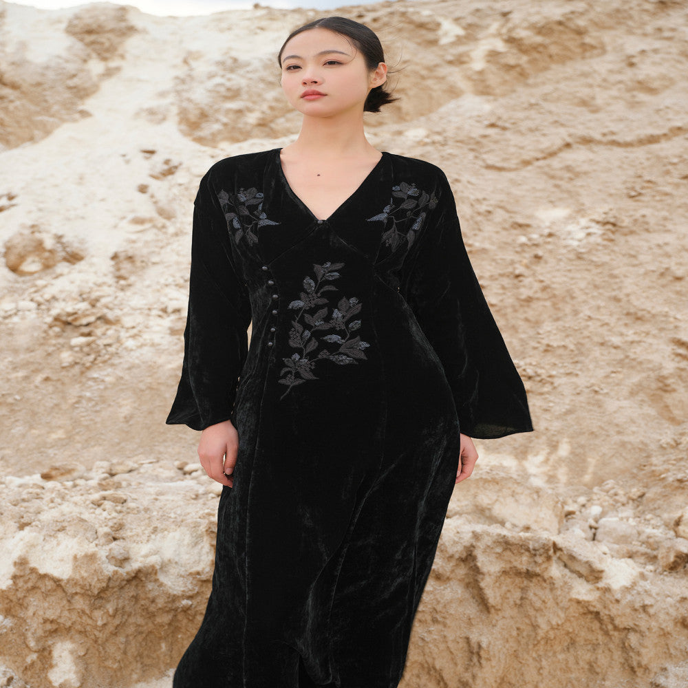 Designer hand painted osmanthus embroidery and sequins New Chinese style velvet dress image 18