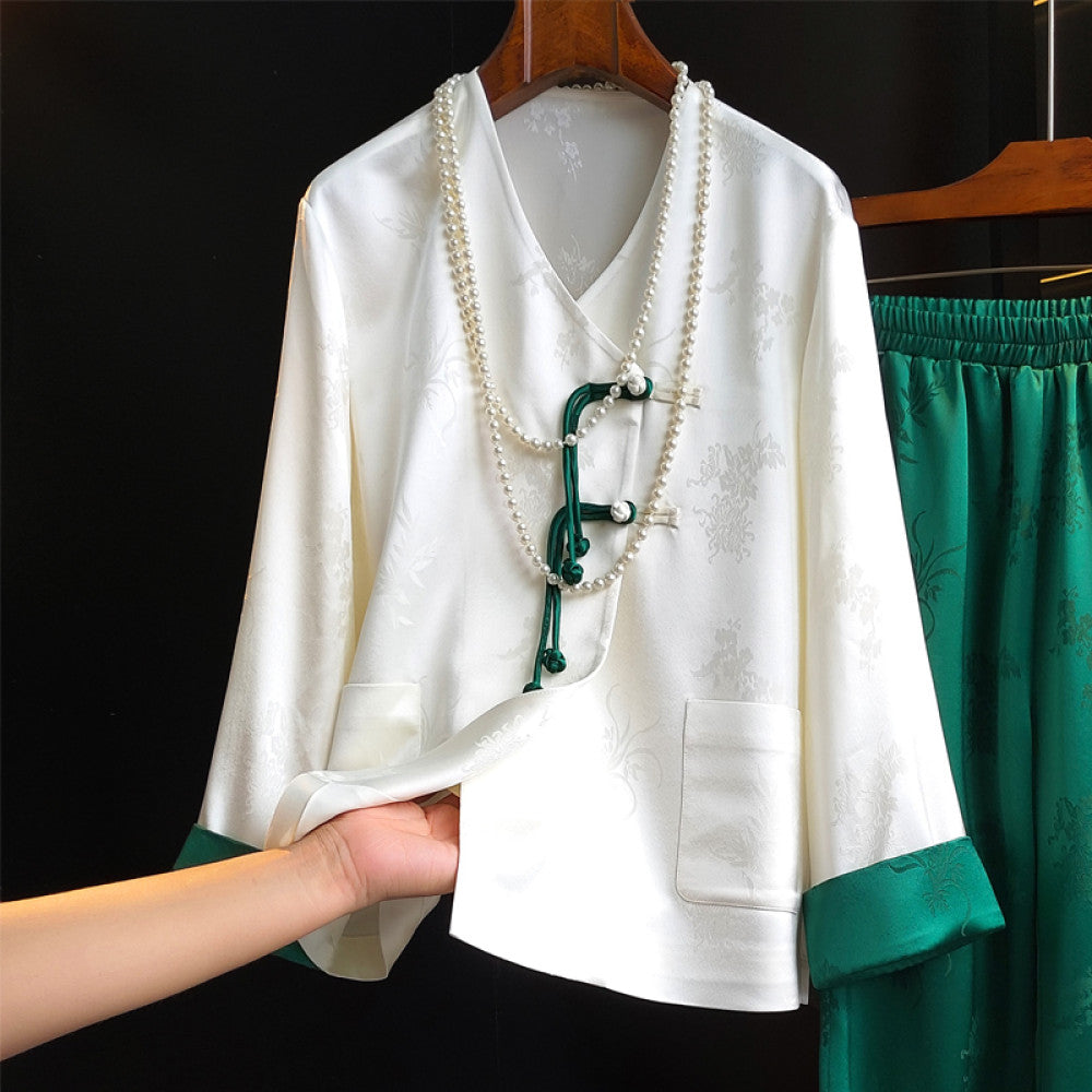 White high end Chinese style acetate shirt women s high waisted casual pants set niche light Chinese style explosive street fashion set image 10