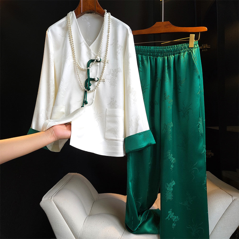 White high end Chinese style acetate shirt women s high waisted casual pants set niche light Chinese style explosive street fashion set image 33