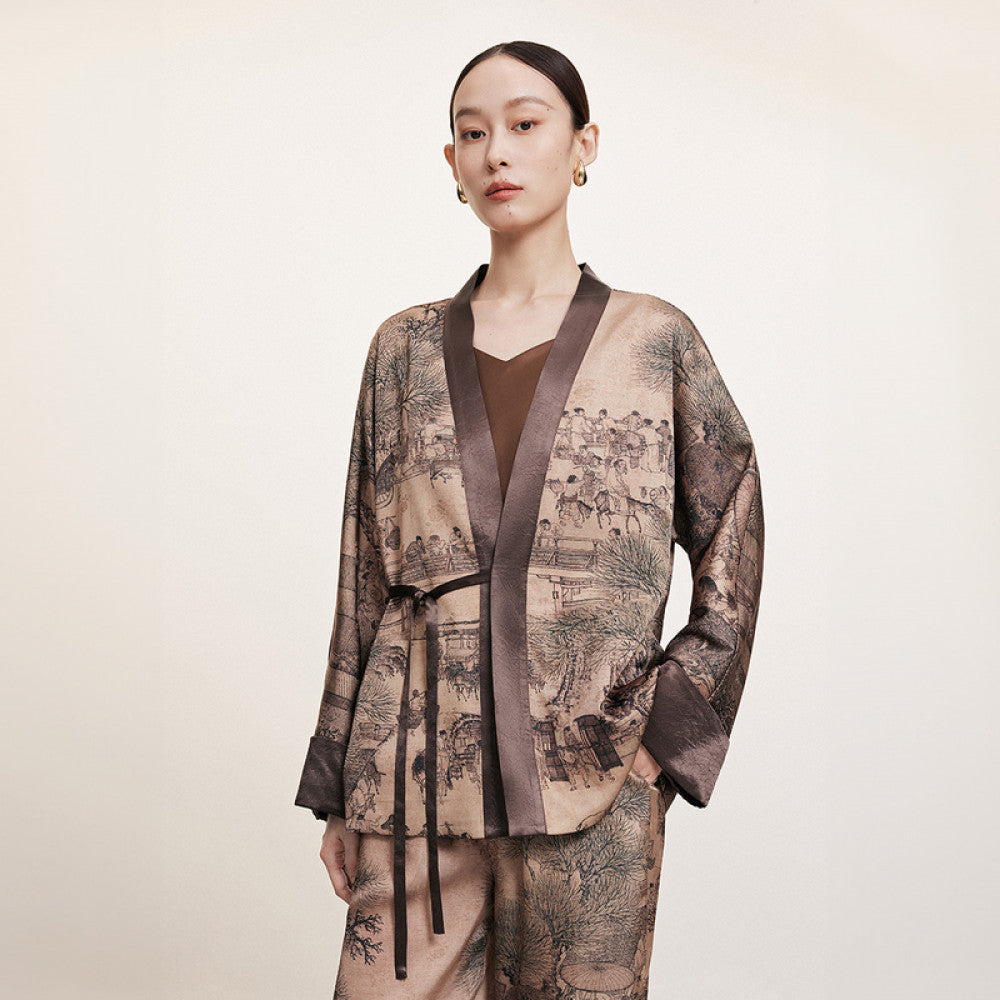 Naive autumn new Chinese style loose V neck lace up top with acetate air conditioning thin jacket for women image 13