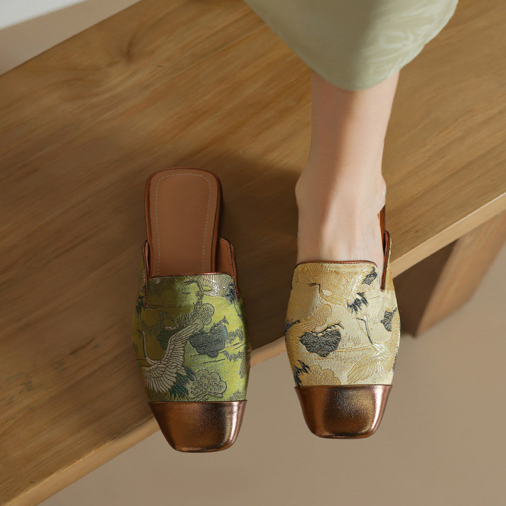New Chinese style Baotou half slippers with women s embroidery thick heel high end feel low heel color blocked M ller sandals paired with skirts image 0