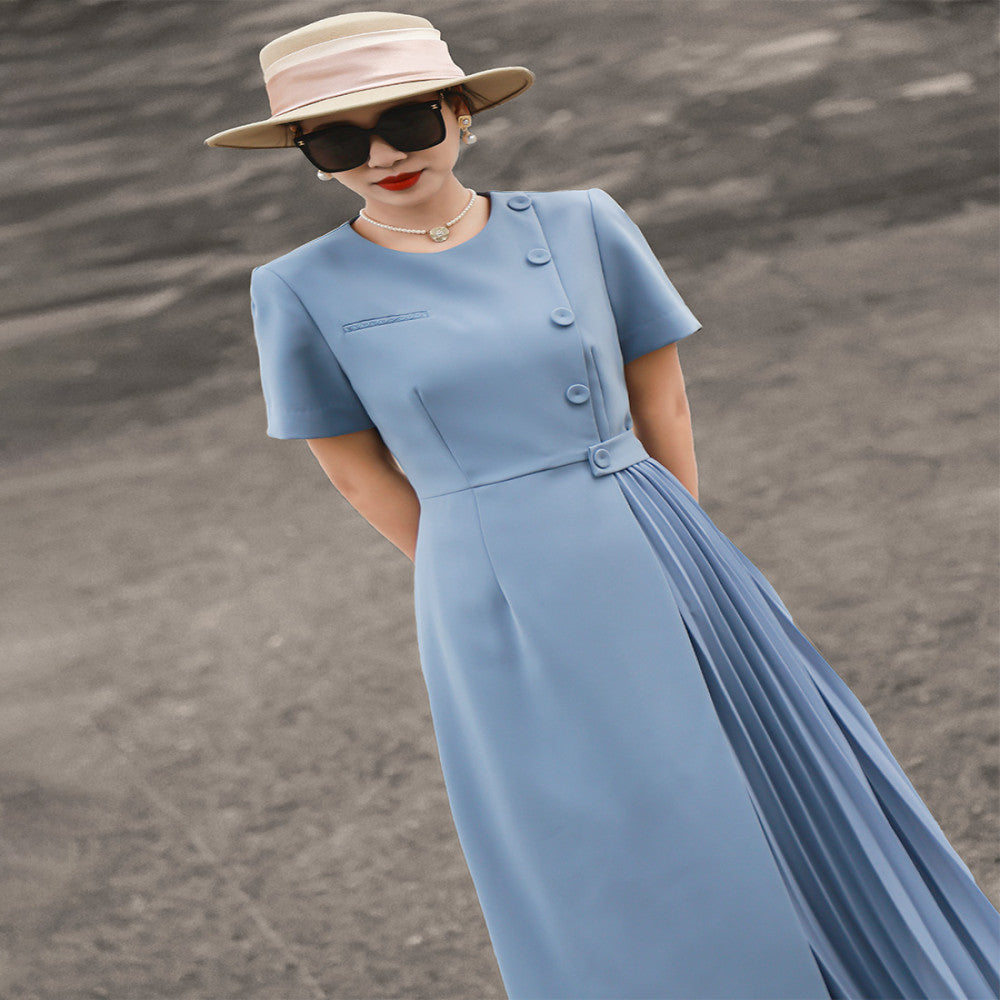 Lanser 2025 Summer New Style Elegant Commuter Short Sleeve Solid Color Waist Fold Splicing Dress for Women image 2