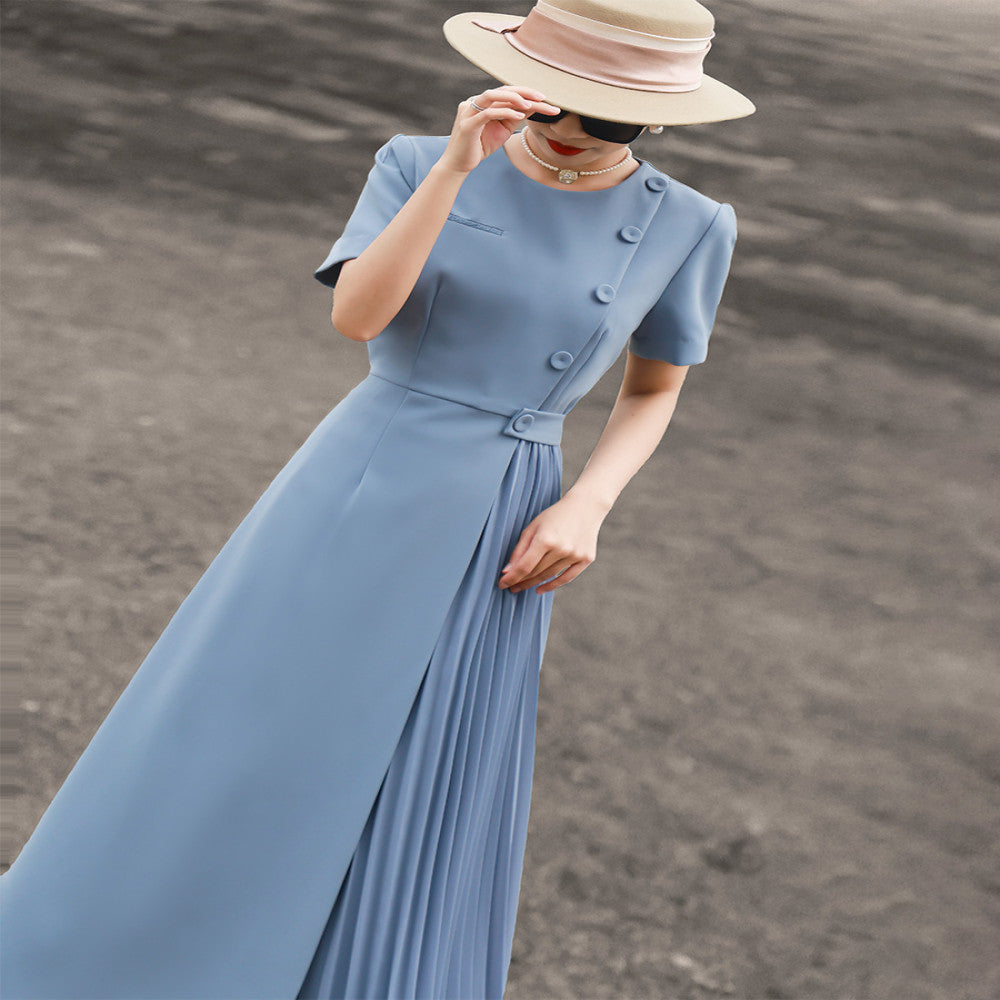 Lanser 2025 Summer New Style Elegant Commuter Short Sleeve Solid Color Waist Fold Splicing Dress for Women image 6