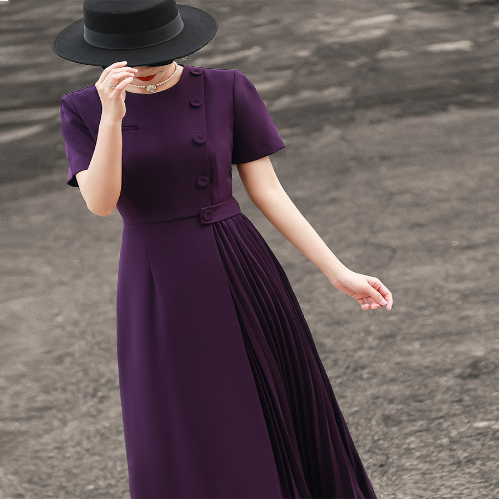 Lanser 2025 Summer New Style Elegant Commuter Short Sleeve Solid Color Waist Fold Splicing Dress for Women image 19