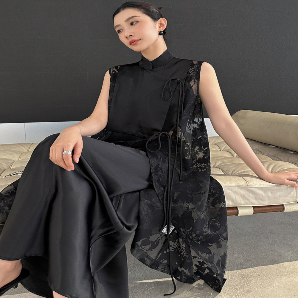 EAMODE Ancient Charm Retro Chinese Style Vest Sleeveless Dress Mid Length Cardigan Shirt Dress image 2