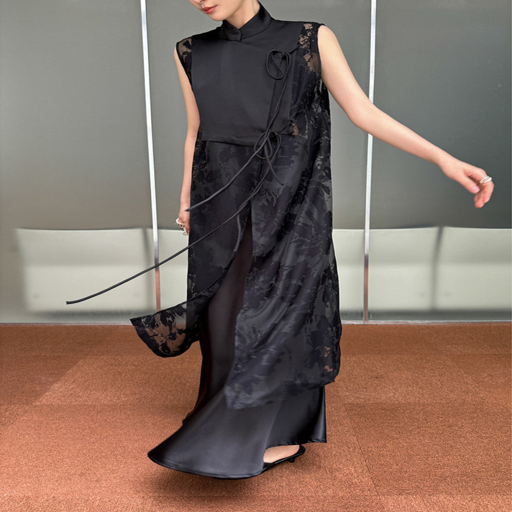 EAMODE Ancient Charm Retro Chinese Style Vest Sleeveless Dress Mid Length Cardigan Shirt Dress image 4