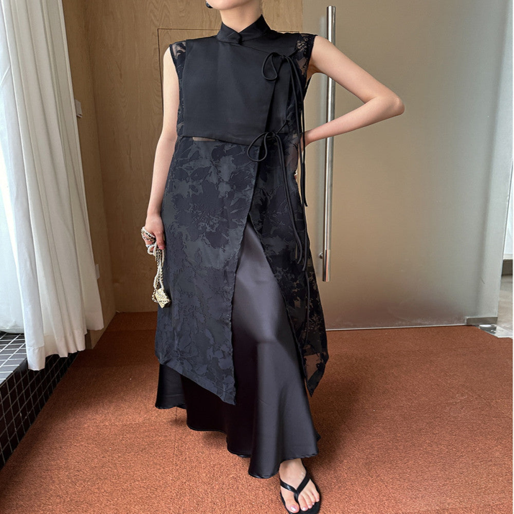 EAMODE Ancient Charm Retro Chinese Style Vest Sleeveless Dress Mid Length Cardigan Shirt Dress image 5