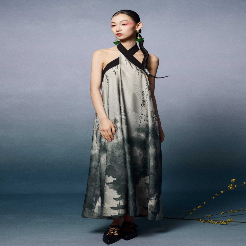 Niche long halter dress backless summer new Chinese style green sleeveless Zen dress loose image 1