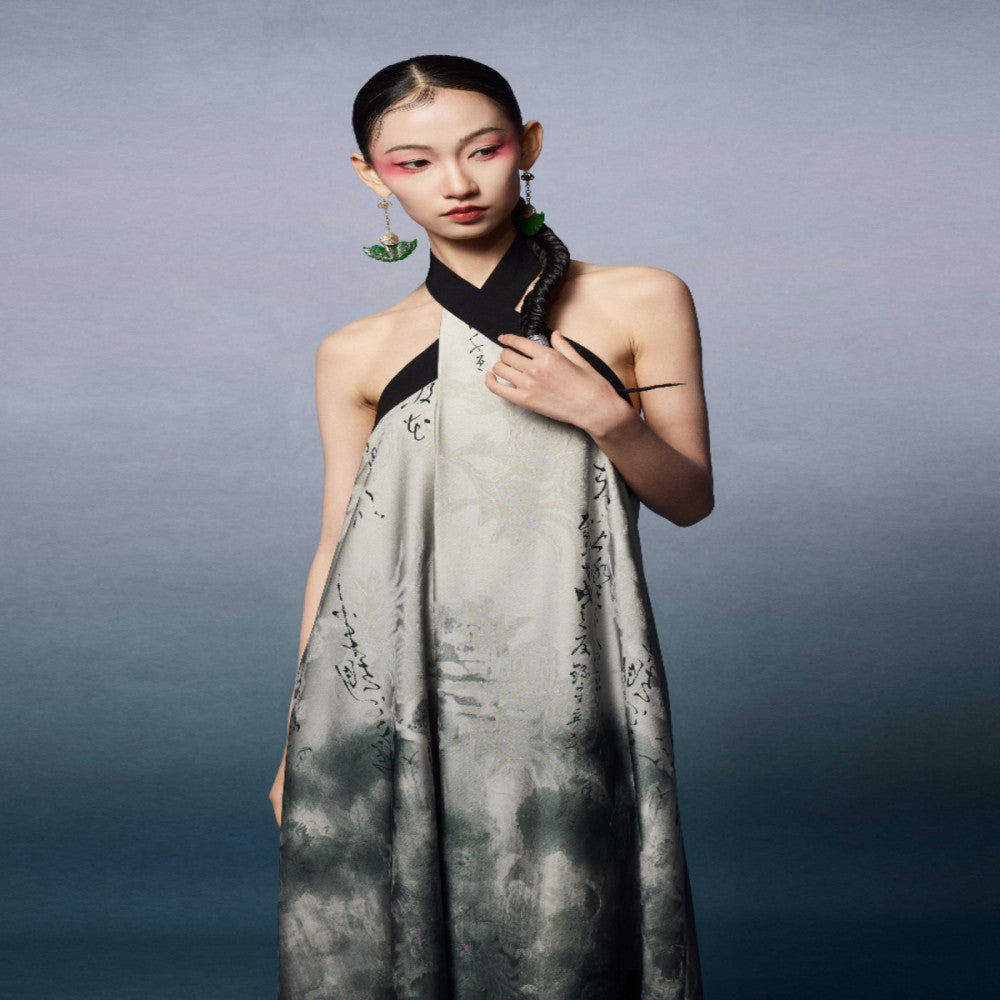 Niche long halter dress backless summer new Chinese style green sleeveless Zen dress loose image 2