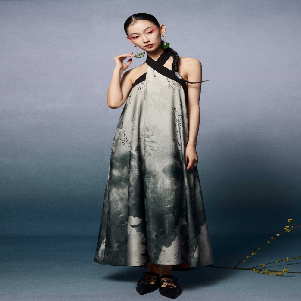 Niche long halter dress backless summer new Chinese style green sleeveless Zen dress loose image 3