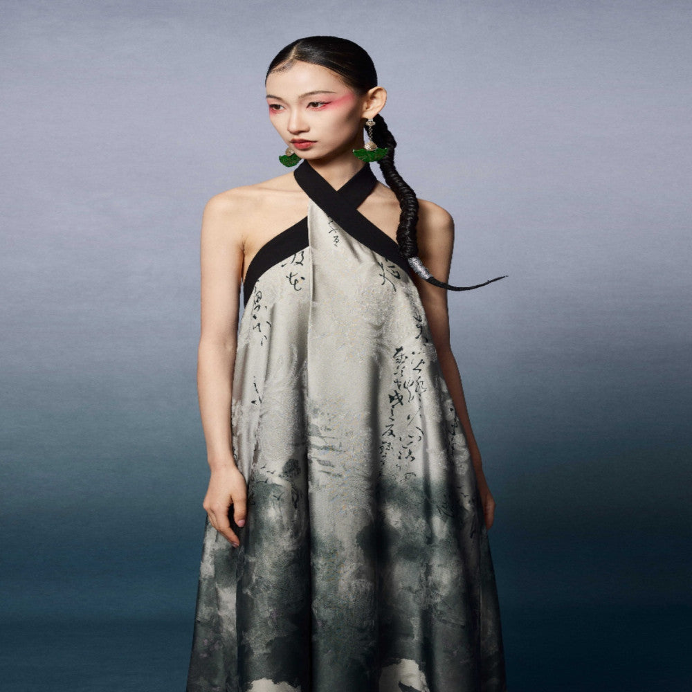Niche long halter dress backless summer new Chinese style green sleeveless Zen dress loose image 4