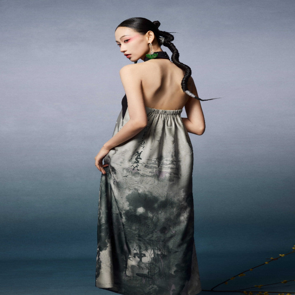 Niche long halter dress backless summer new Chinese style green sleeveless Zen dress loose image 5