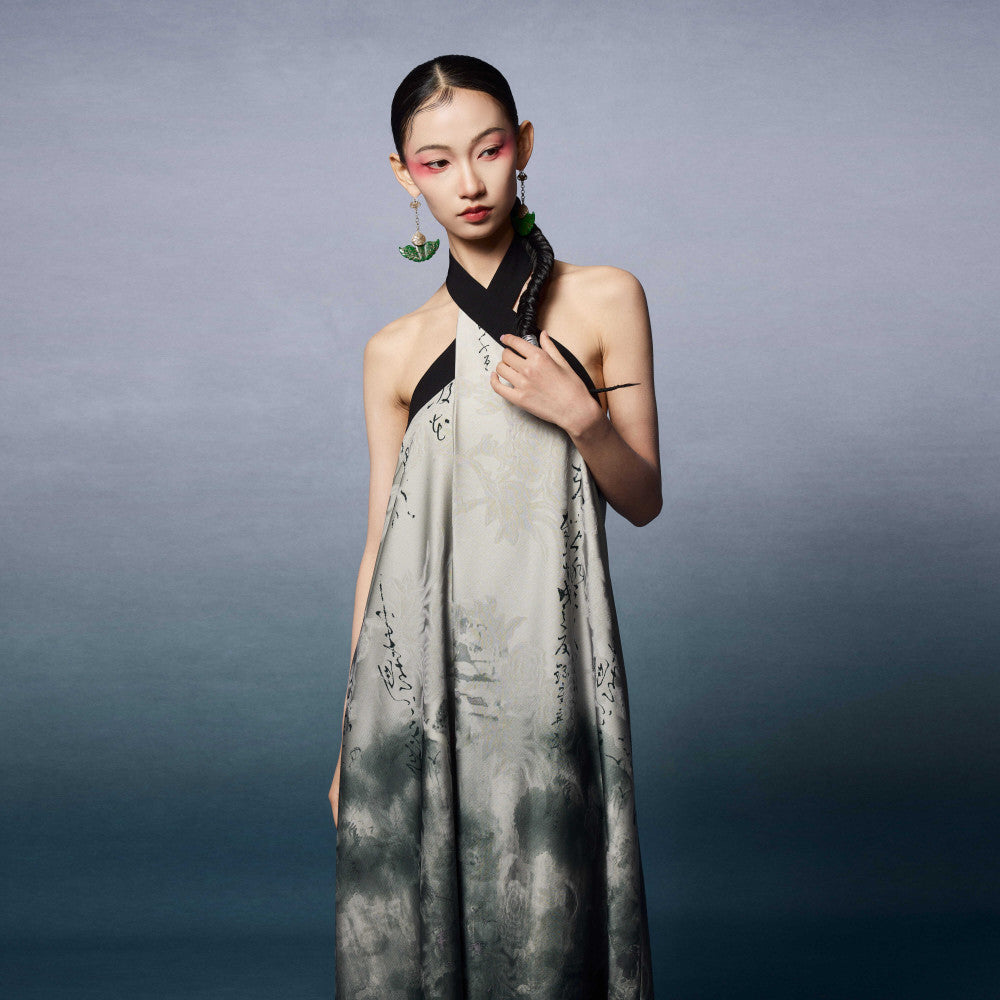 ASAYA3456 Backless Halter Dress with Chinese Zen Print