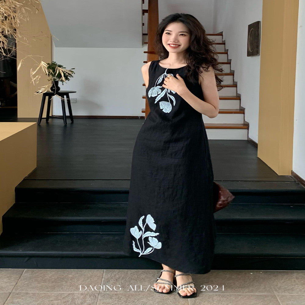Xu Daqing Shunhua Retro Lazy Linen Printed Holiday Travel Tank Top High Waist Versatile Dress Top image 3