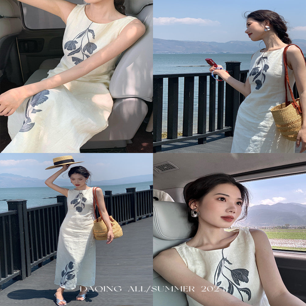 Xu Daqing Shunhua Retro Lazy Linen Printed Holiday Travel Tank Top High Waist Versatile Dress Top image 4