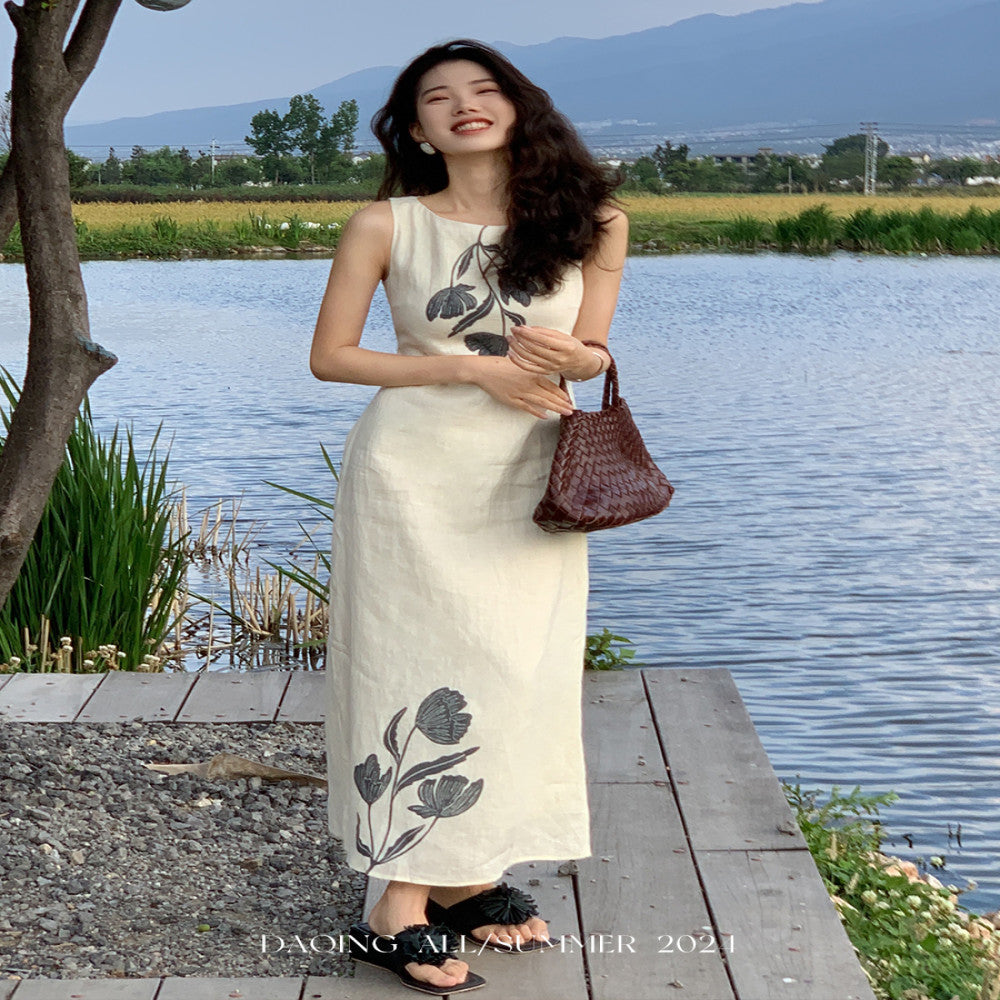 Xu Daqing Shunhua Retro Lazy Linen Printed Holiday Travel Tank Top High Waist Versatile Dress Top image 80