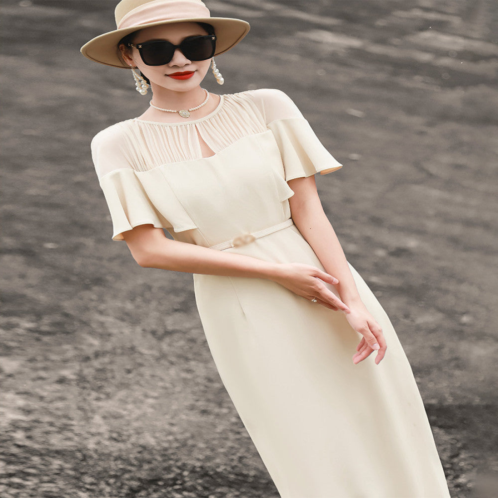 Lanser 2025 summer new temperament high end feeling lotus leaf sleeve splicing lace up slim fit and slimming package hip dress for women image 1