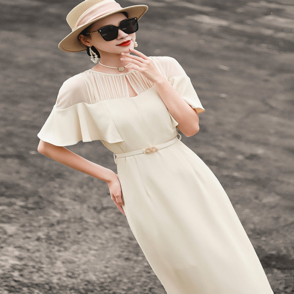 Lanser 2025 summer new temperament high end feeling lotus leaf sleeve splicing lace up slim fit and slimming package hip dress for women image 2