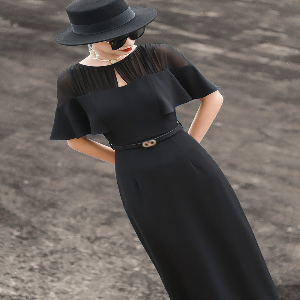 Lanser 2025 summer new temperament high end feeling lotus leaf sleeve splicing lace up slim fit and slimming package hip dress for women image 5