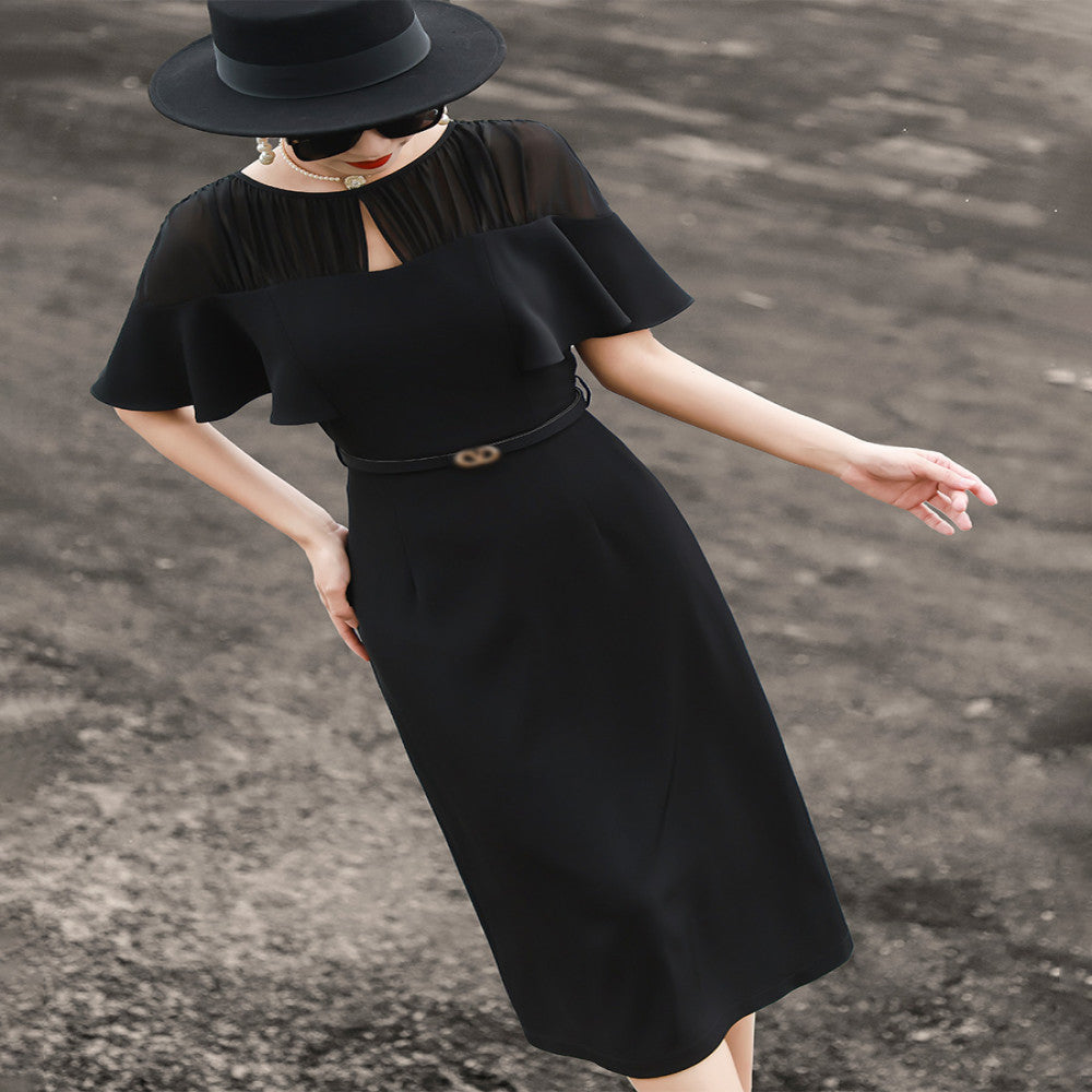 Lanser 2025 summer new temperament high end feeling lotus leaf sleeve splicing lace up slim fit and slimming package hip dress for women image 25