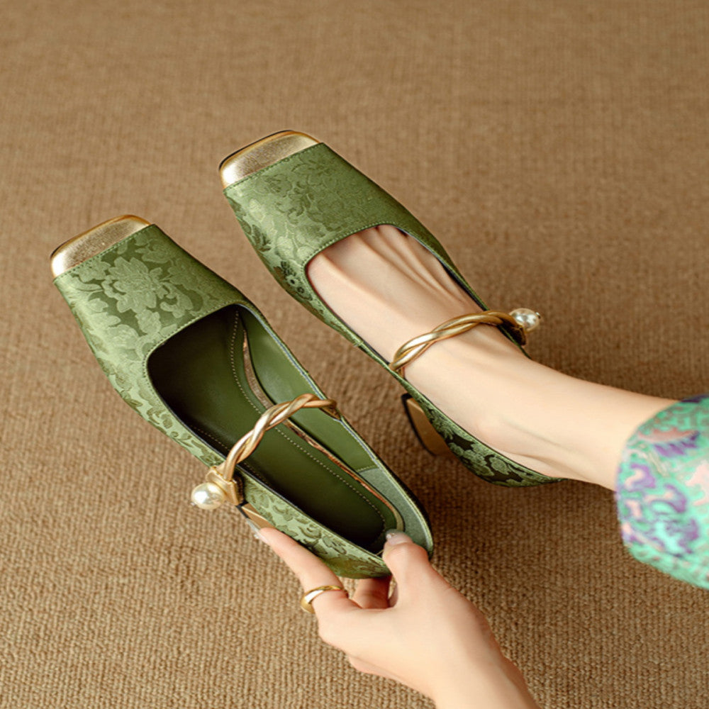 Mu Xiaoxi WvavW New Chinese Style Qipao High Heels Embroidered Satin Square Head French Mary Jane Single Shoes image 1