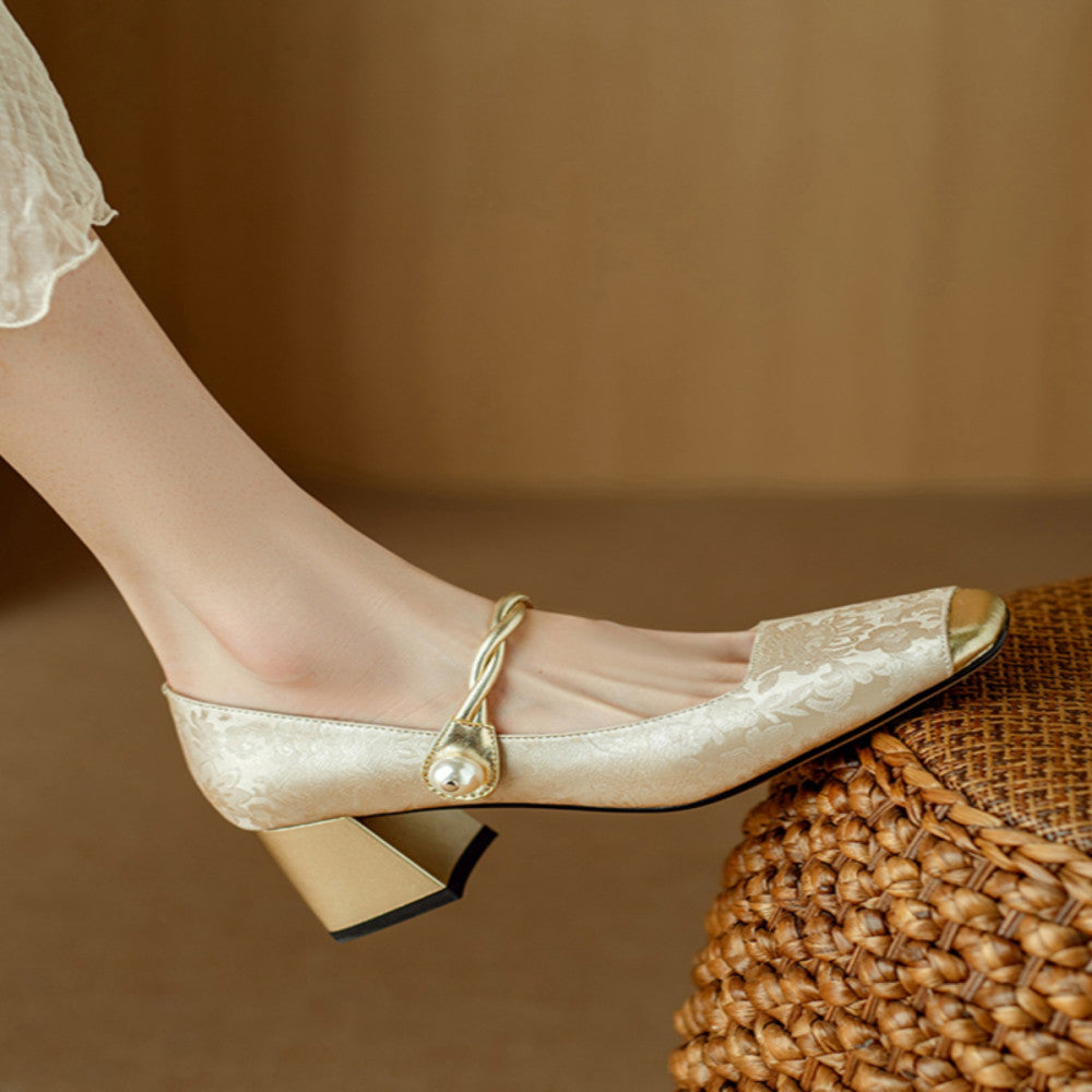 Mu Xiaoxi WvavW New Chinese Style Qipao High Heels Embroidered Satin Square Head French Mary Jane Single Shoes image 5