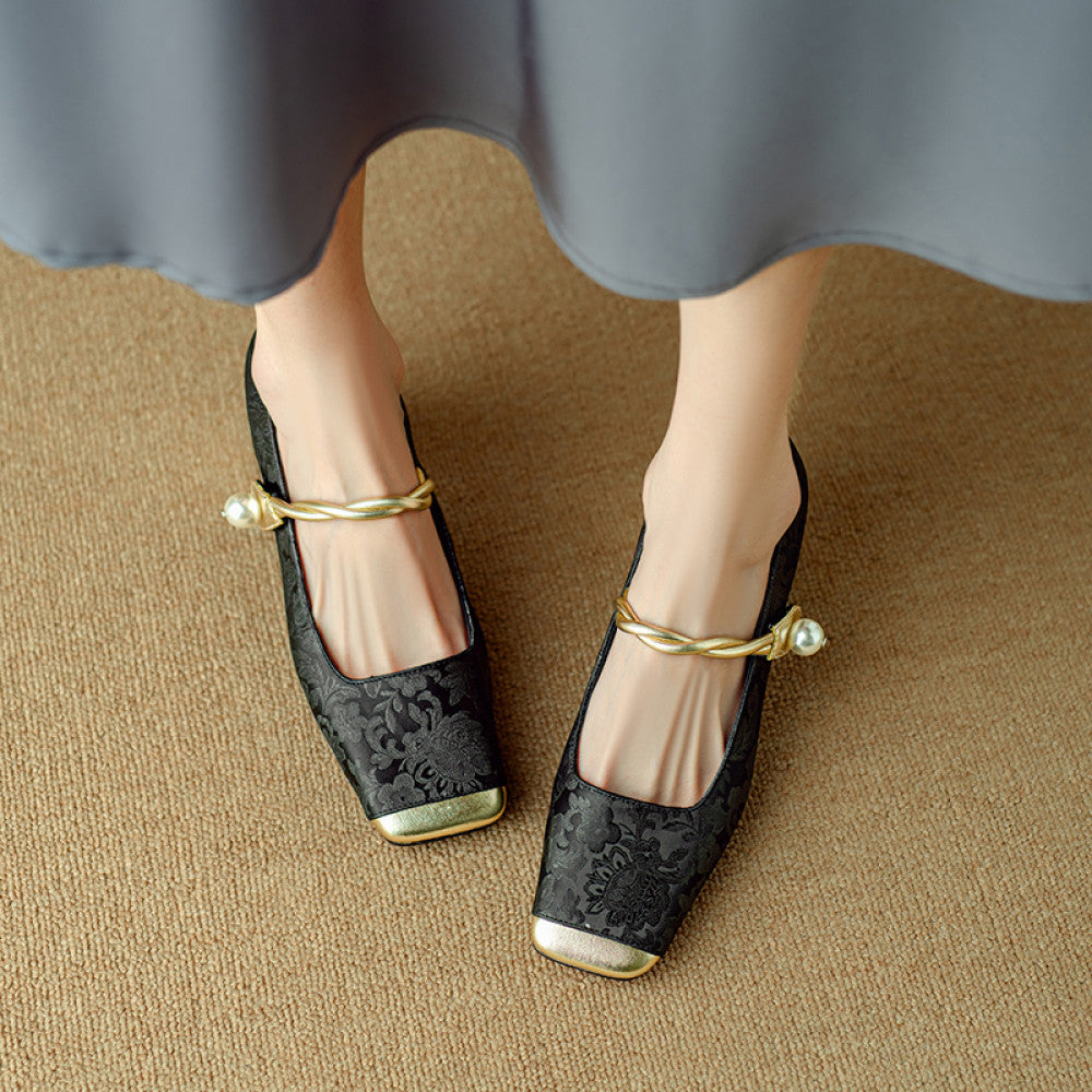 ASAYA3427 Chinese style high heels embroidered satin square head French Mary Jane single shoes for women