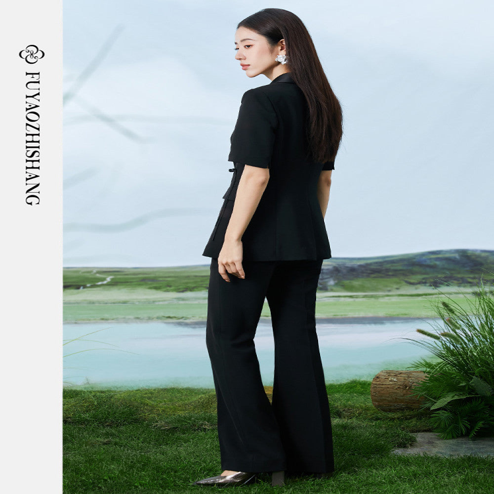 FUYAO Fuyao black suit women s summer thin work clothes Chinese style waist button suit two piece suit image 5