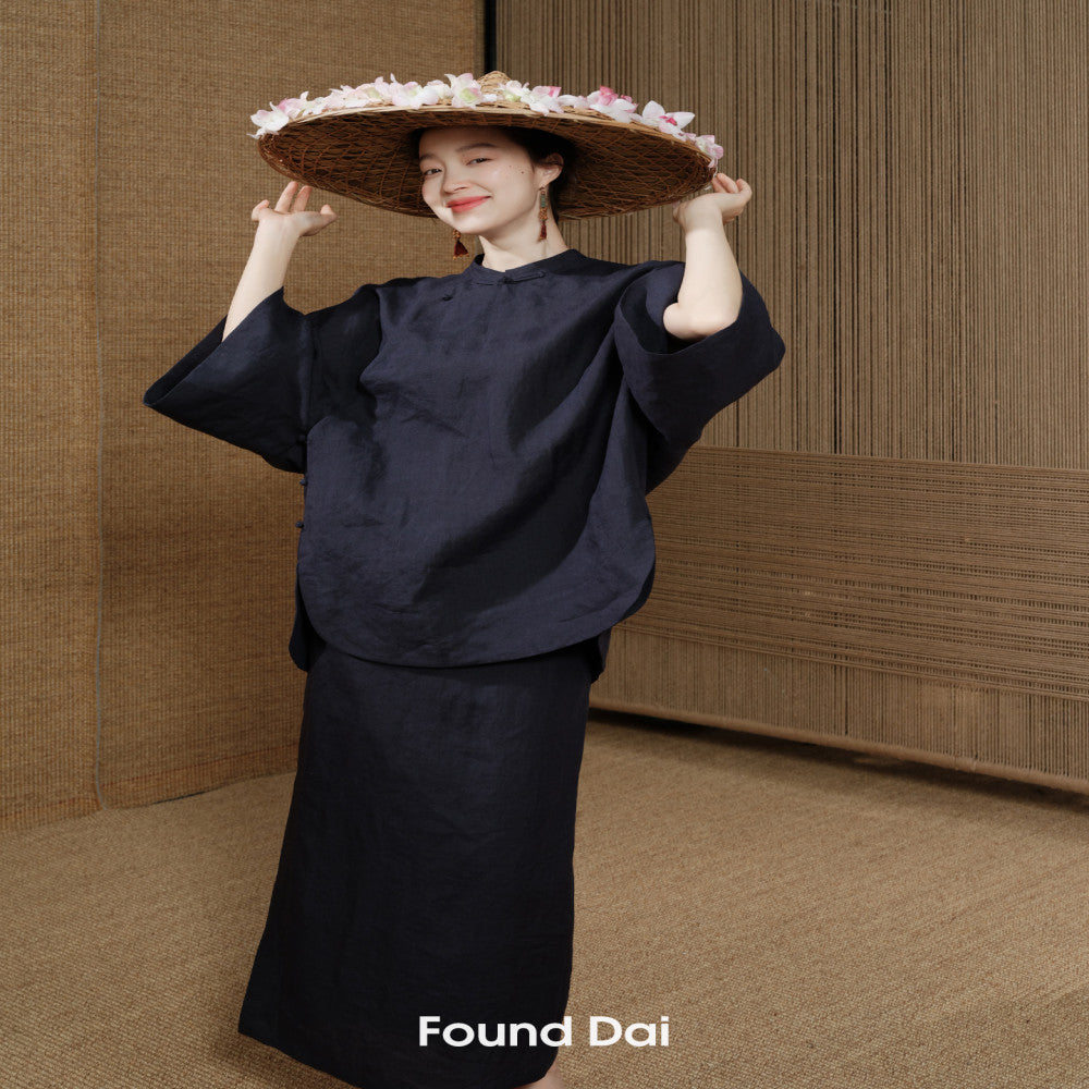100 Ramie New Chinese style Cut Stand up Collar Top Side Wide Edge Stacked Half Skirt image 72
