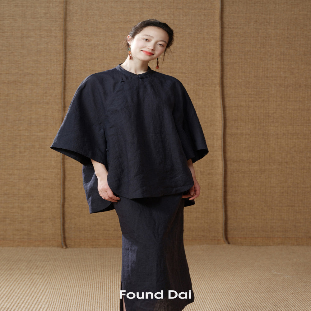 100 Ramie New Chinese style Cut Stand up Collar Top Side Wide Edge Stacked Half Skirt image 122