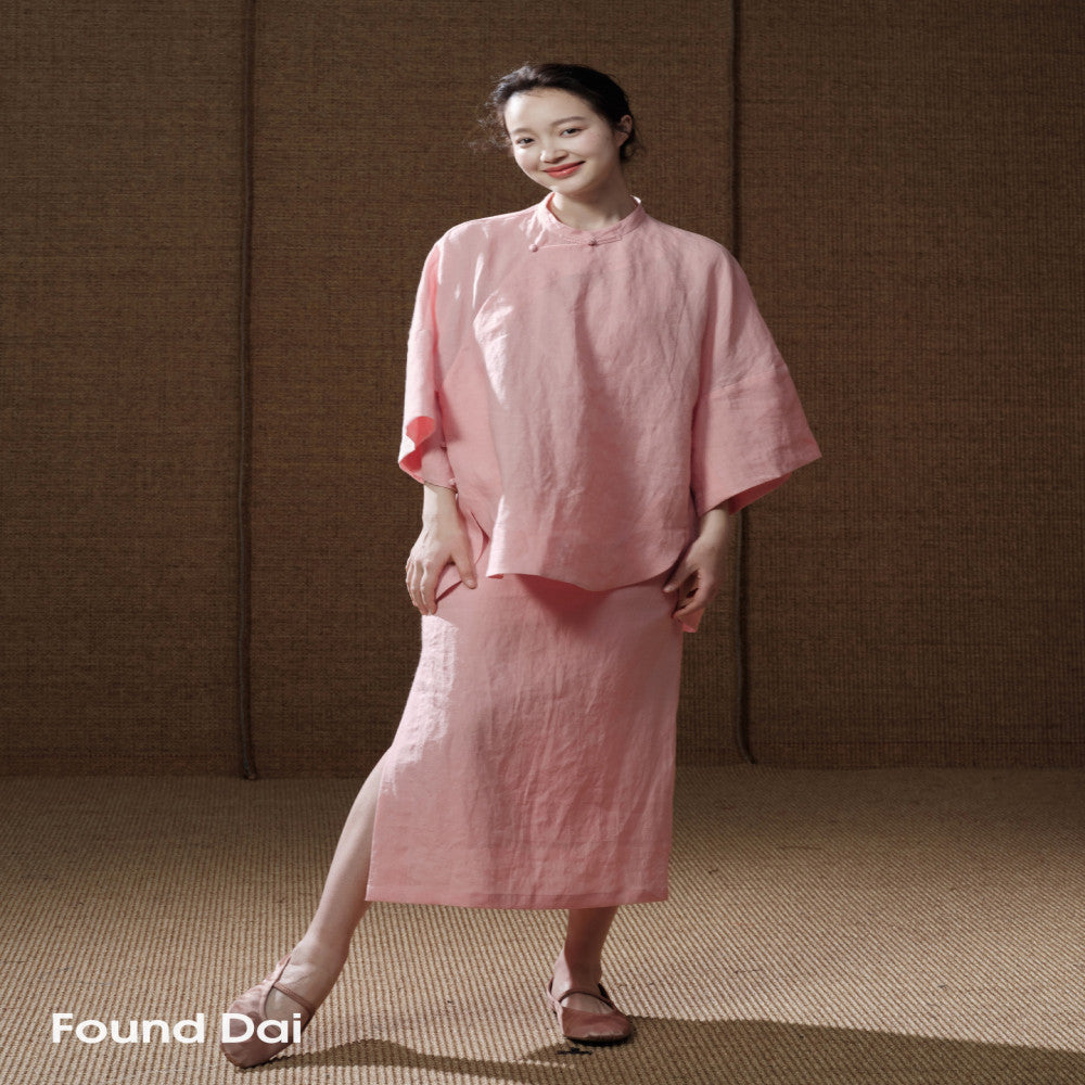 100 Ramie New Chinese style Cut Stand up Collar Top Side Wide Edge Stacked Half Skirt image 150