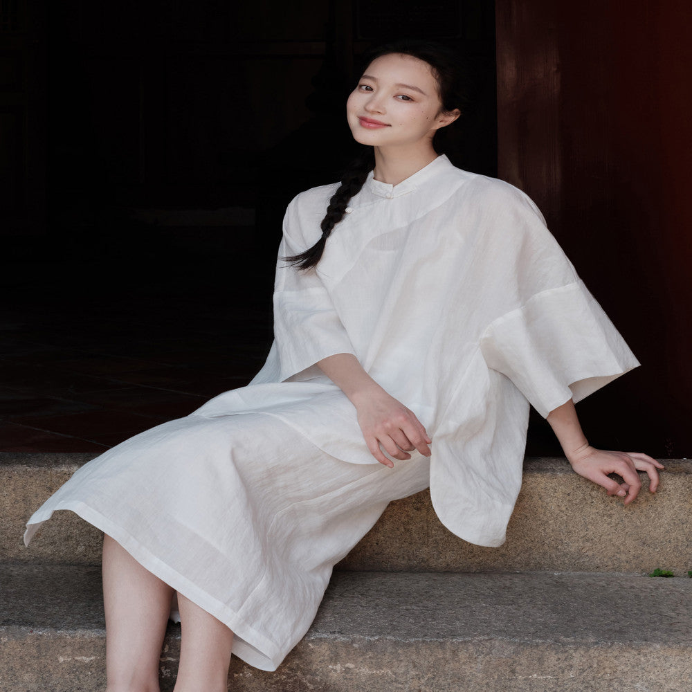 100 Ramie New Chinese style Cut Stand up Collar Top Side Wide Edge Stacked Half Skirt image 168