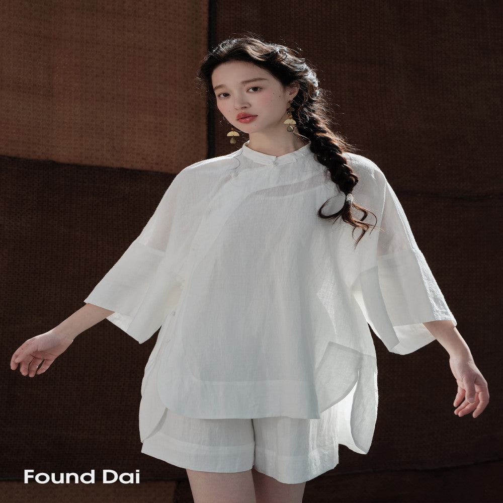100 Ramie New Chinese style Cut Stand up Collar Top Side Wide Edge Stacked Half Skirt image 13