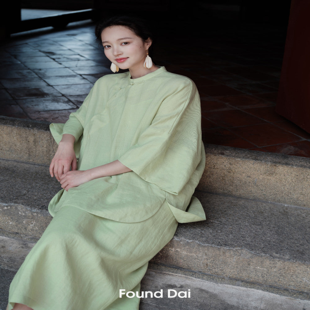 100 Ramie New Chinese style Cut Stand up Collar Top Side Wide Edge Stacked Half Skirt image 25