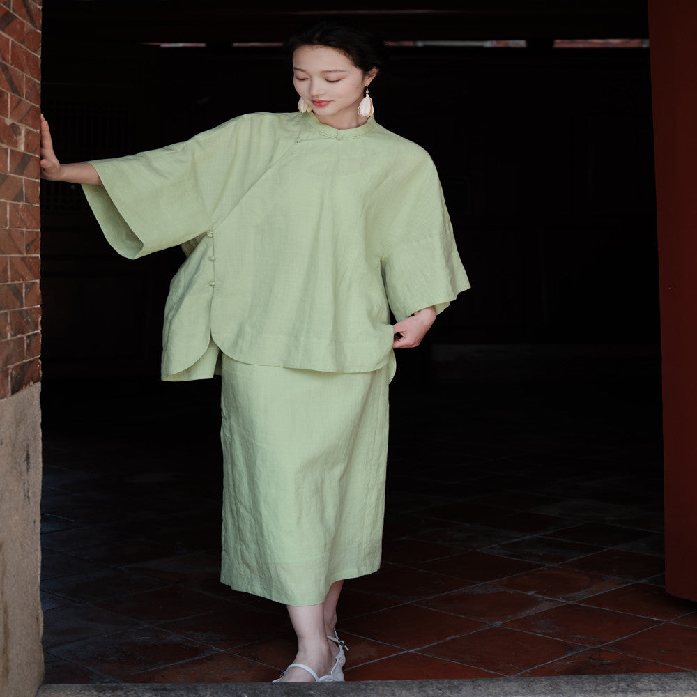 100 Ramie New Chinese style Cut Stand up Collar Top Side Wide Edge Stacked Half Skirt image 35