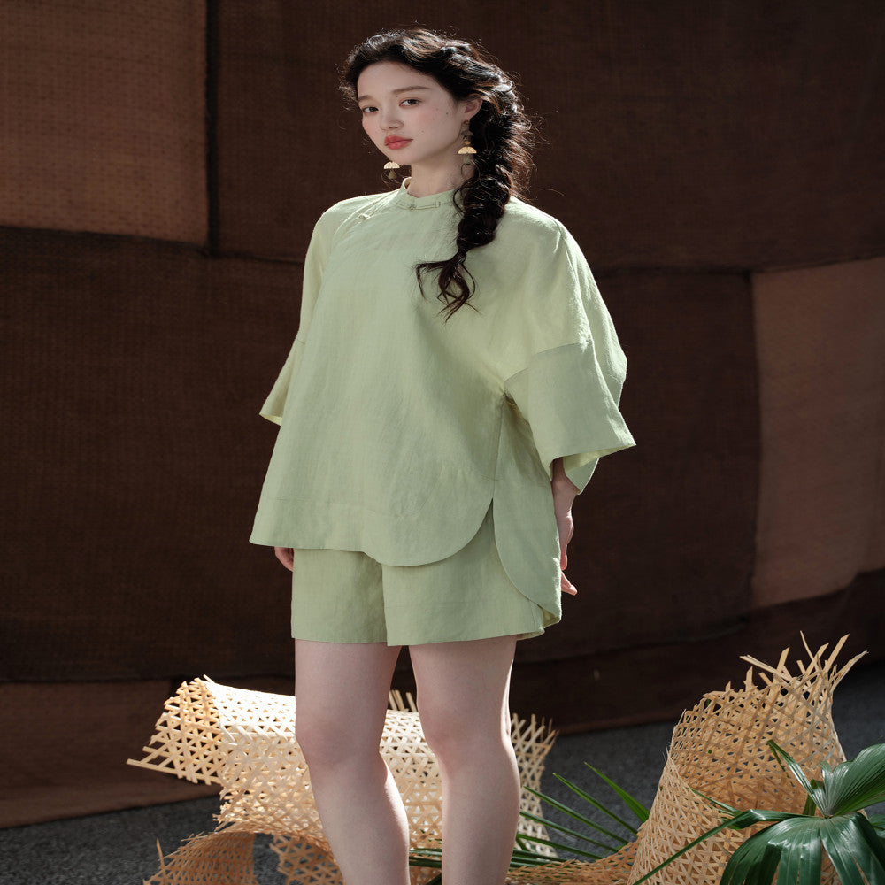100 Ramie New Chinese style Cut Stand up Collar Top Side Wide Edge Stacked Half Skirt image 42