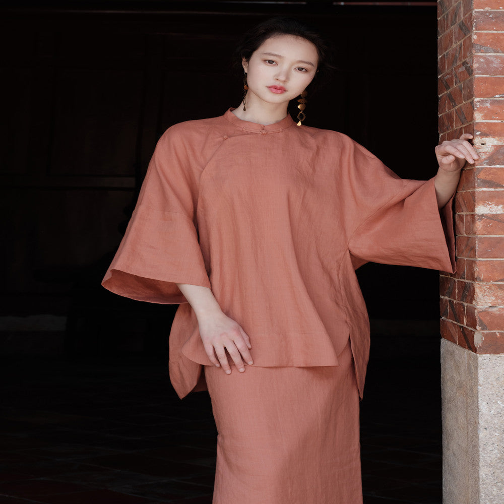 100 Ramie New Chinese style Cut Stand up Collar Top Side Wide Edge Stacked Half Skirt image 58