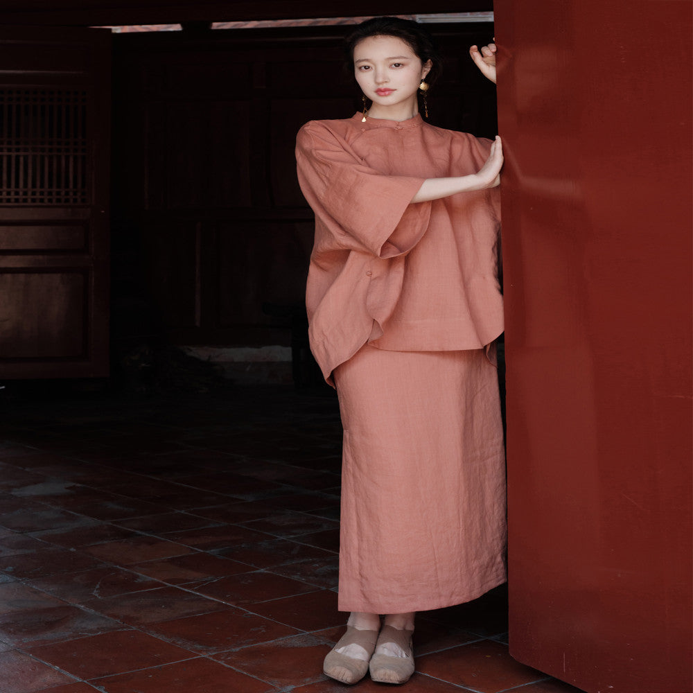 100 Ramie New Chinese style Cut Stand up Collar Top Side Wide Edge Stacked Half Skirt image 63