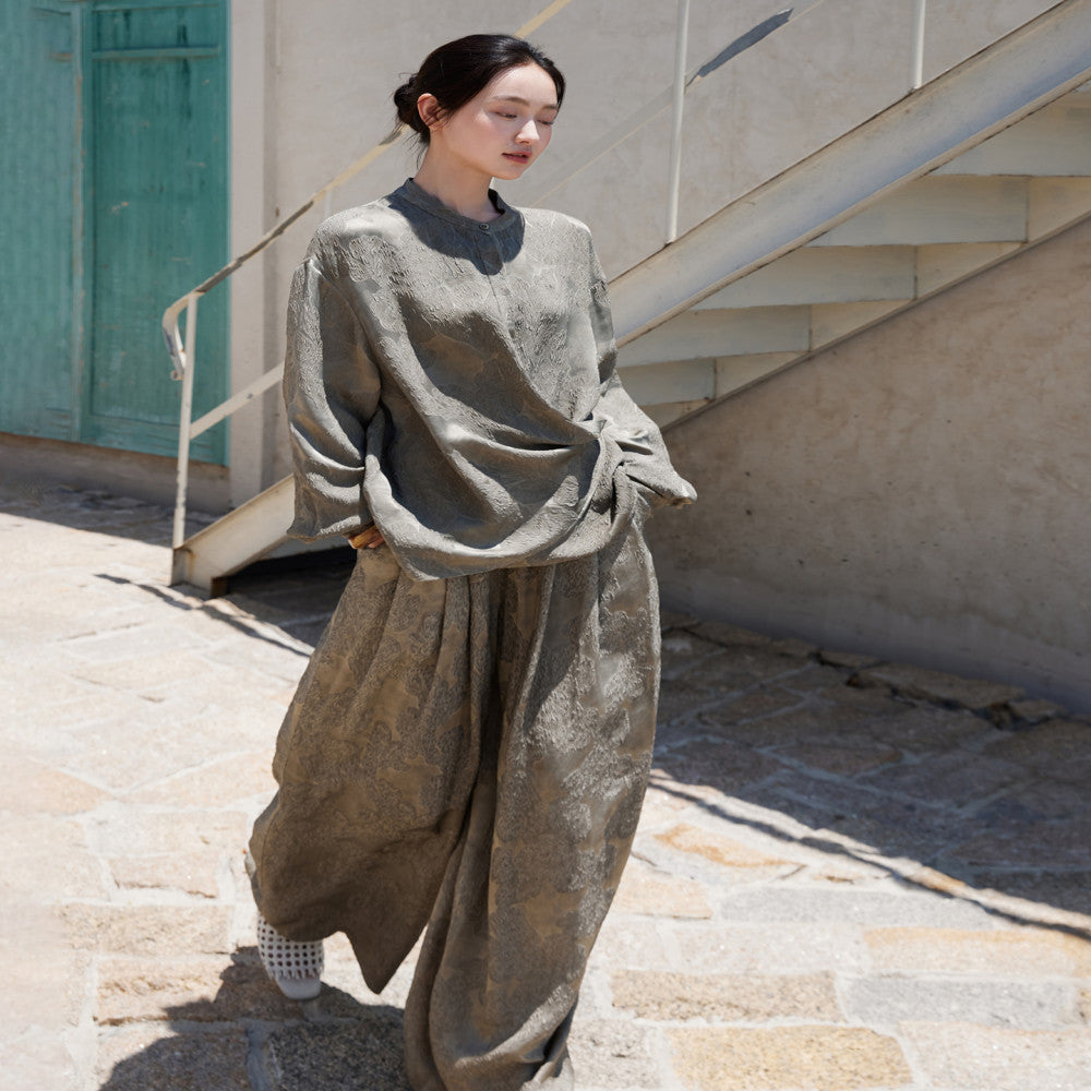 Guanle Crepe Silk Jacquard Material Plant Dyeing Multi Wear Method Shirt Long Leg Wide Leg Pants image 7