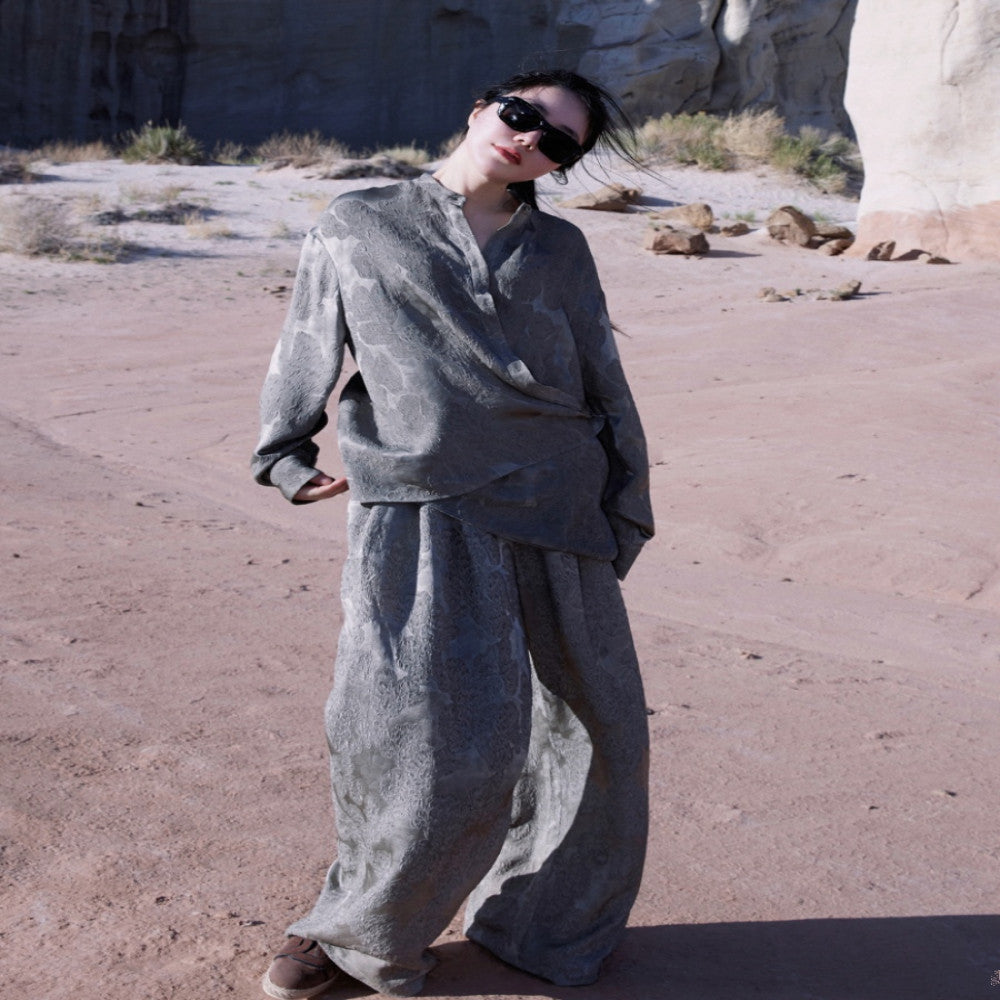 Guanle Crepe Silk Jacquard Material Plant Dyeing Multi Wear Method Shirt Long Leg Wide Leg Pants image 8