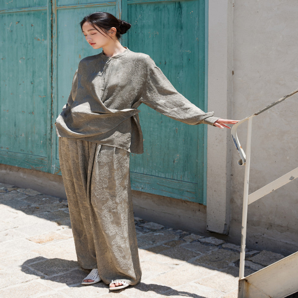 Guanle Crepe Silk Jacquard Material Plant Dyeing Multi Wear Method Shirt Long Leg Wide Leg Pants image 23