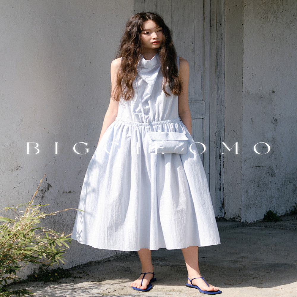 Biggie OMO 2025 Nordic Summer Low Saturation Blue Waist Full Cotton Temperament Stacked Neck Long Dress image 2