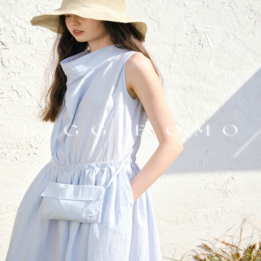 Biggie OMO 2025 Nordic Summer Low Saturation Blue Waist Full Cotton Temperament Stacked Neck Long Dress image 3