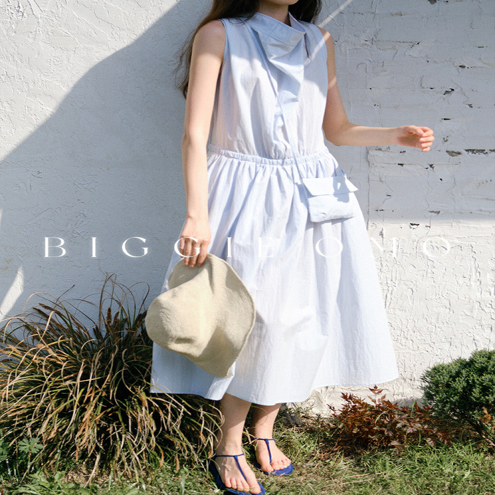 Biggie OMO 2025 Nordic Summer Low Saturation Blue Waist Full Cotton Temperament Stacked Neck Long Dress image 4