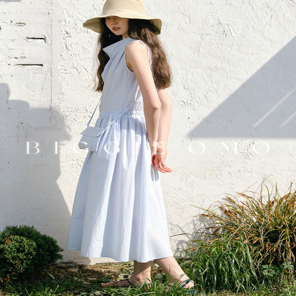 Biggie OMO 2025 Nordic Summer Low Saturation Blue Waist Full Cotton Temperament Stacked Neck Long Dress image 5