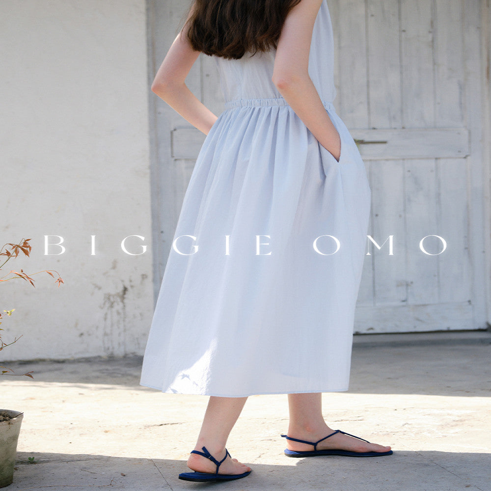 Biggie OMO 2025 Nordic Summer Low Saturation Blue Waist Full Cotton Temperament Stacked Neck Long Dress image 6