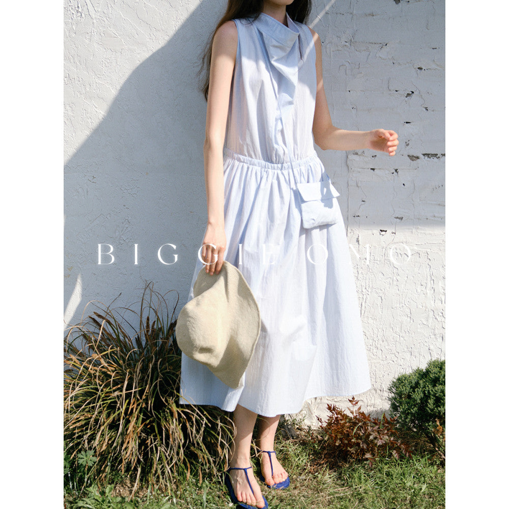 Biggie OMO 2025 Nordic Summer Low Saturation Blue Waist Full Cotton Temperament Stacked Neck Long Dress image 9