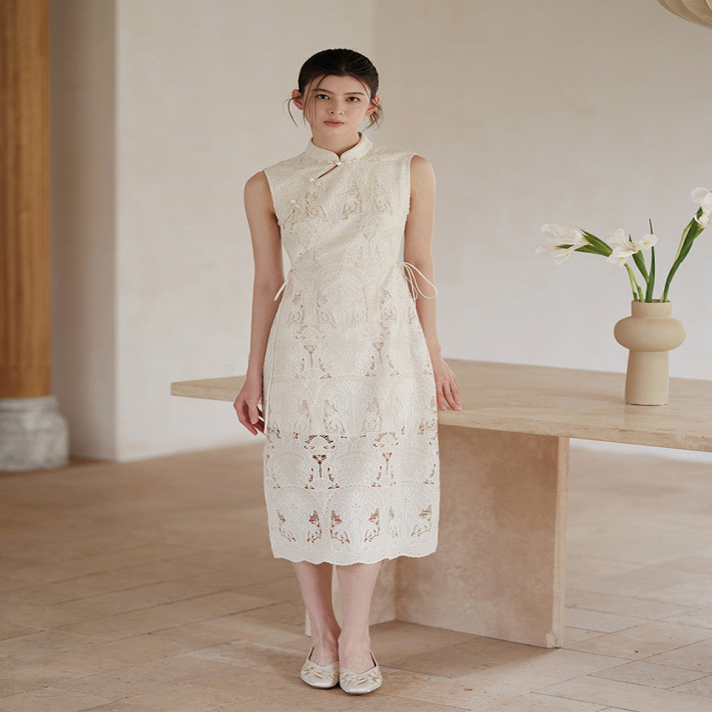 New Chinese style and improved cheongsam for women in the summer of 2025 featuring delicate lace hollow waist dresses image 1