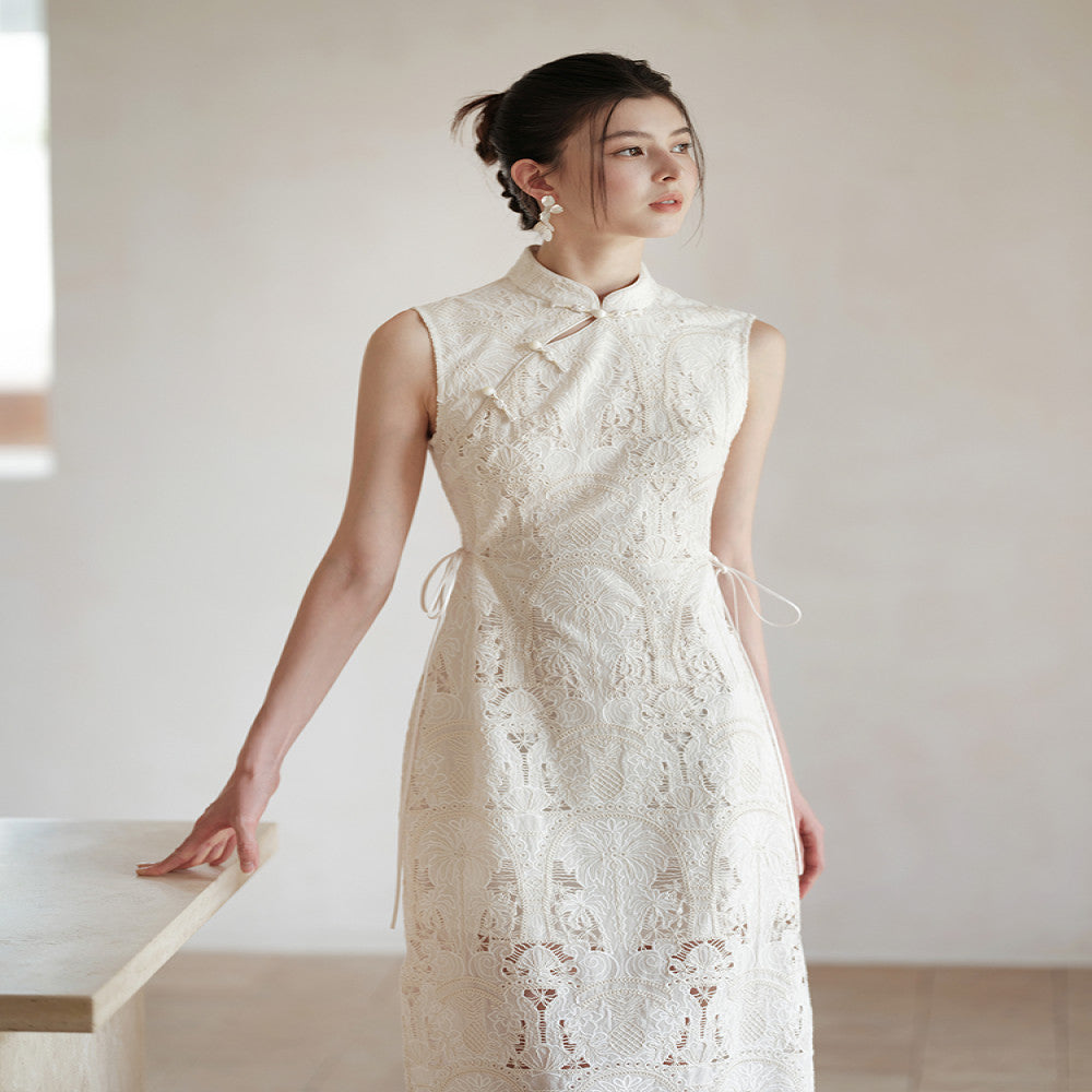 New Chinese style and improved cheongsam for women in the summer of 2025 featuring delicate lace hollow waist dresses image 2