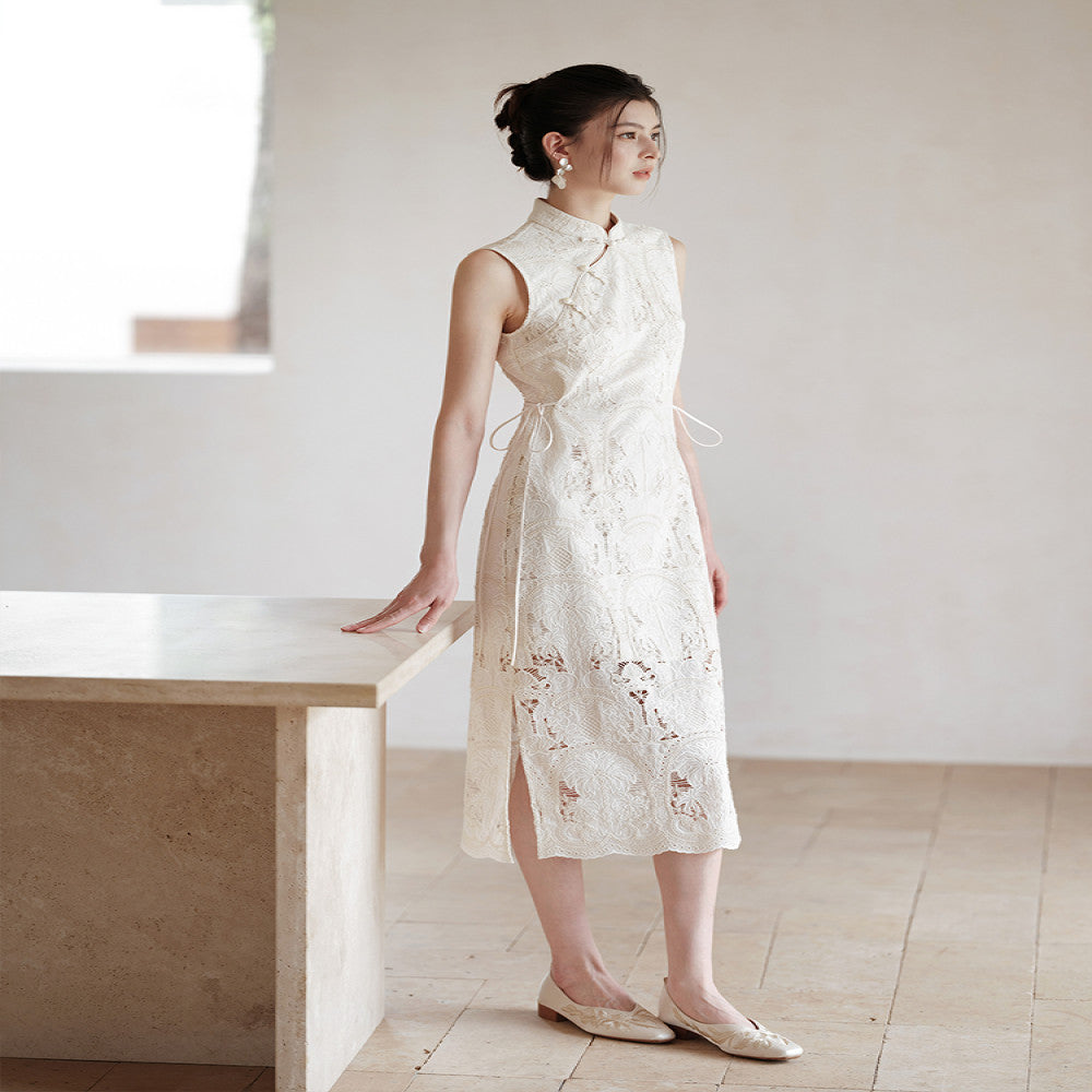 New Chinese style and improved cheongsam for women in the summer of 2025 featuring delicate lace hollow waist dresses image 3